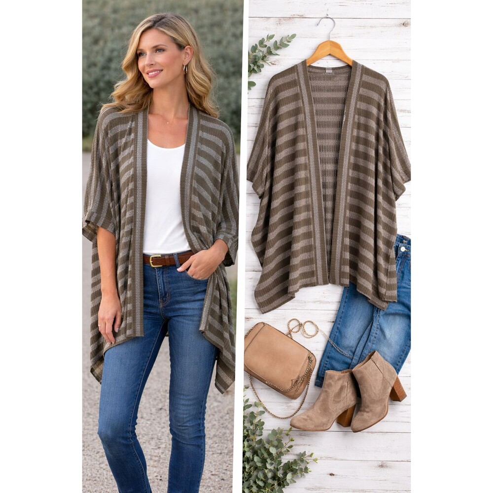 Chicos Poncho Sweater Medium Large Brown Silver Threading Open Knit